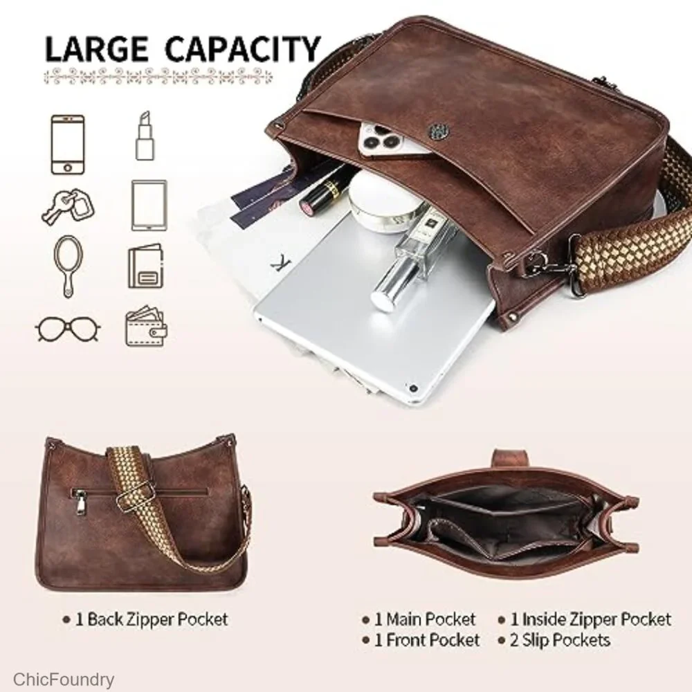 Vegan Leather Hobo Crossbody Bag with 2 Detachable Straps, Large Capacity